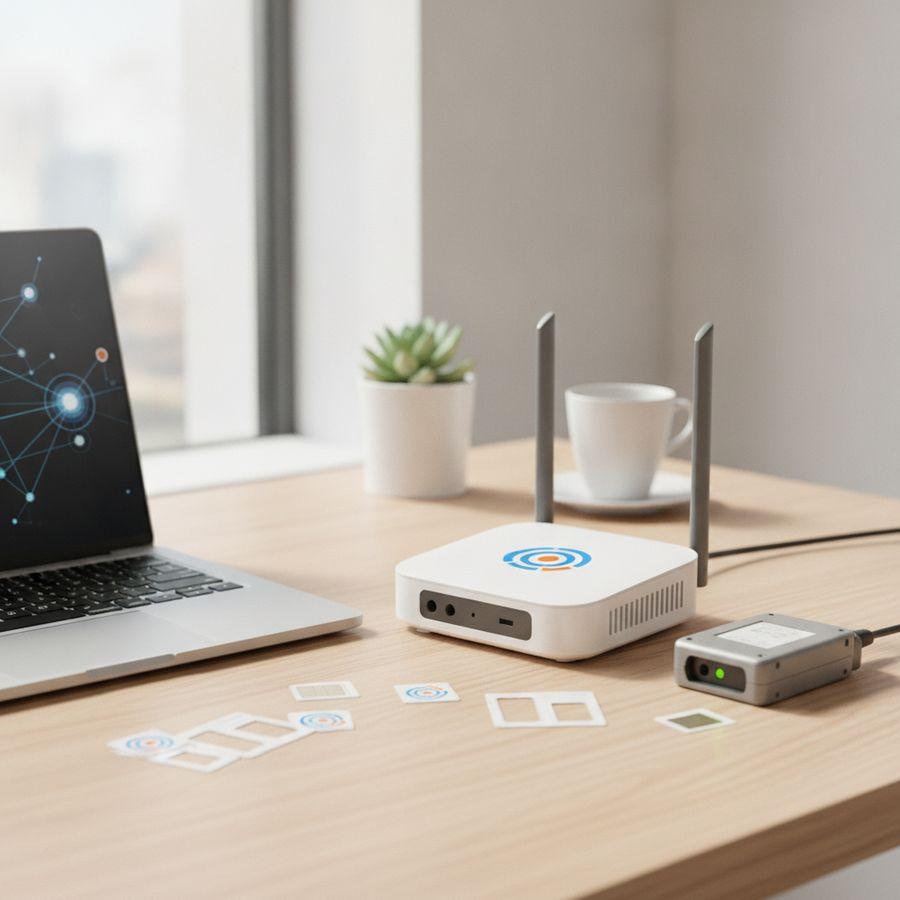 Werktafel met router, simkaarten, tracker en laptop in helder daglicht.