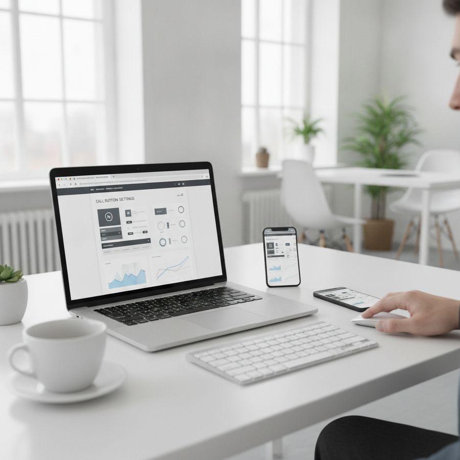 Webdesigner werkt aan website-instellingen op laptop met smartphone op een helder bureau.