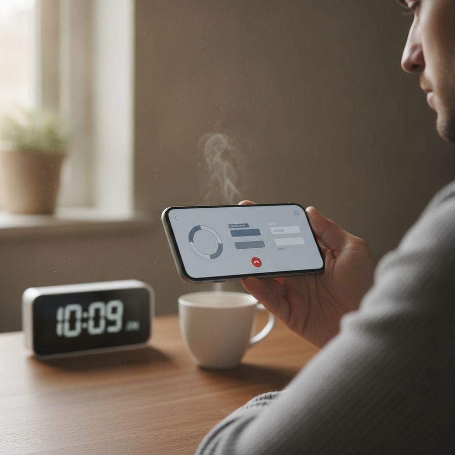 Hand met smartphone tijdens telefoongesprek, met klok en koffiekop op de achtergrond in helder licht.