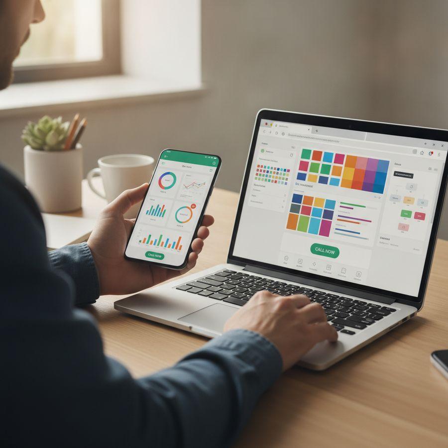 Handen met smartphone en laptop op bureau terwijl belopties worden vergeleken in helder licht.