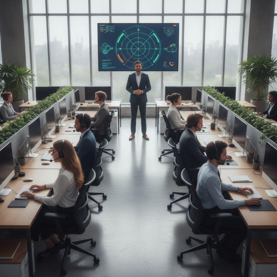 Klantenservicemedewerkers met headsets werken in een helder modern kantoor.