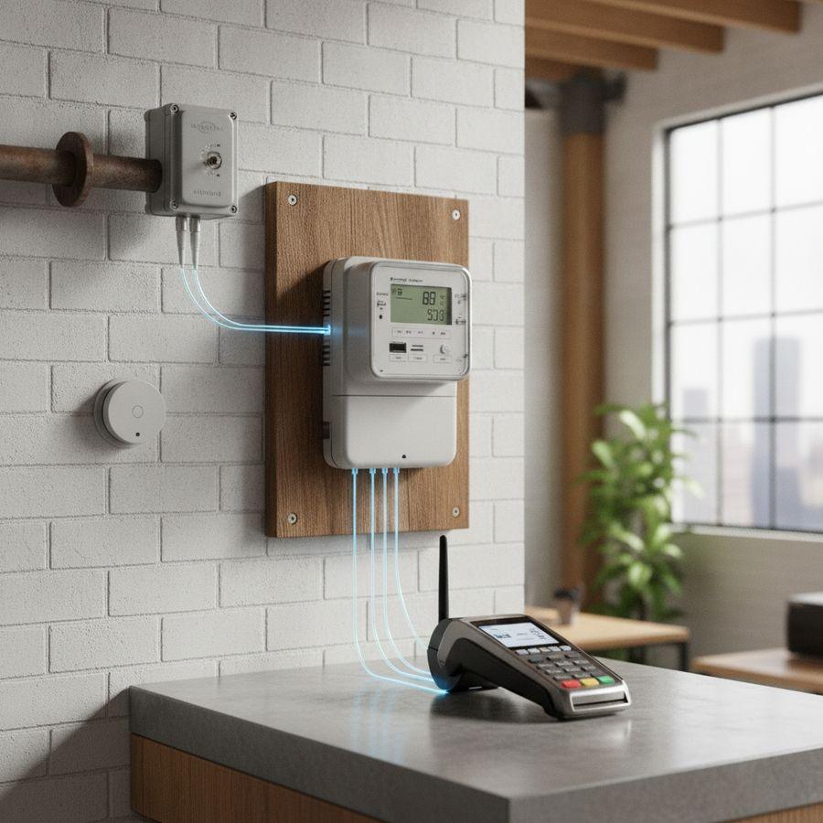 Slimme meter, betaalterminal, tracker en sensor liggen in een lichte moderne werkomgeving.