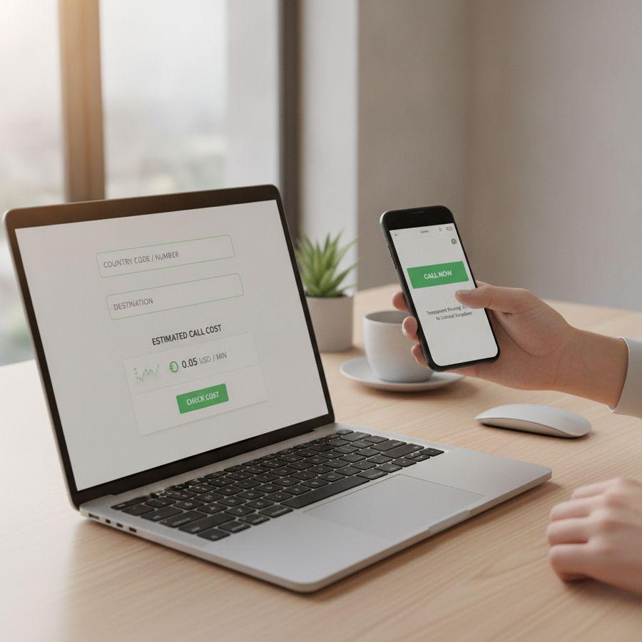 Hand tikt op smartphone naast laptop met heldere contactweergave op een lichte, moderne werkplek.