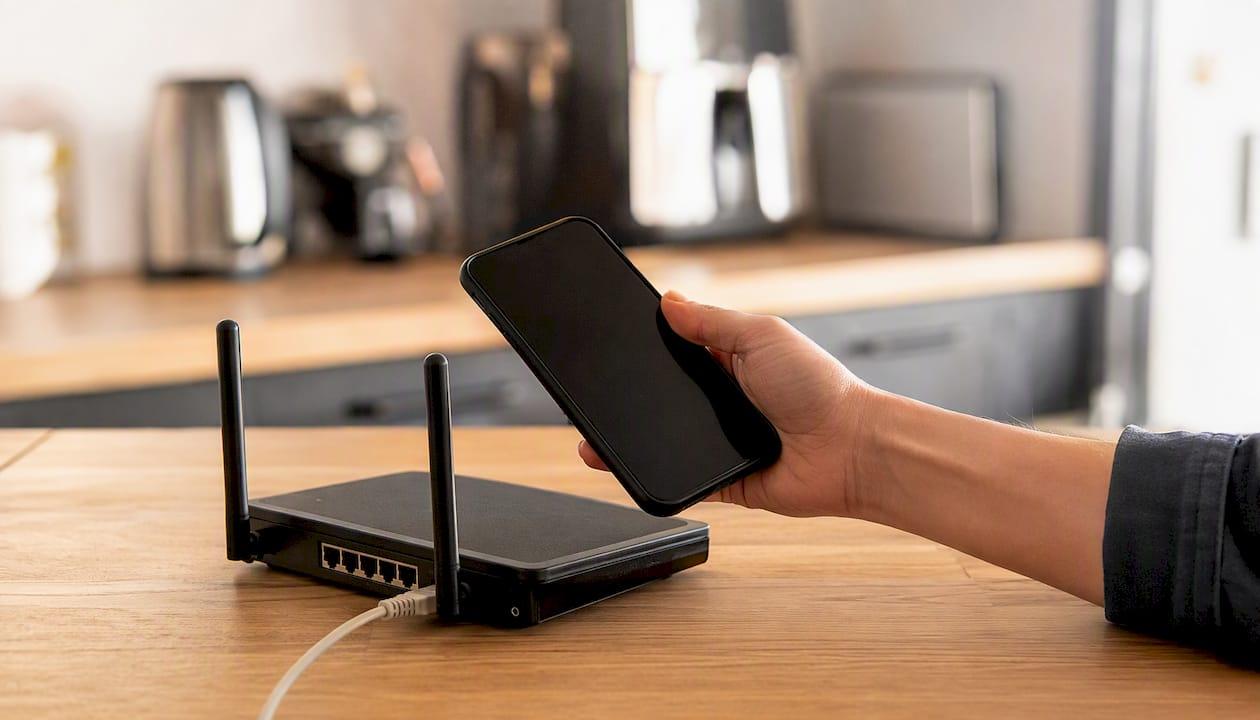 Een hand die een smartphone verbindt met het wifi-netwerk via de router.