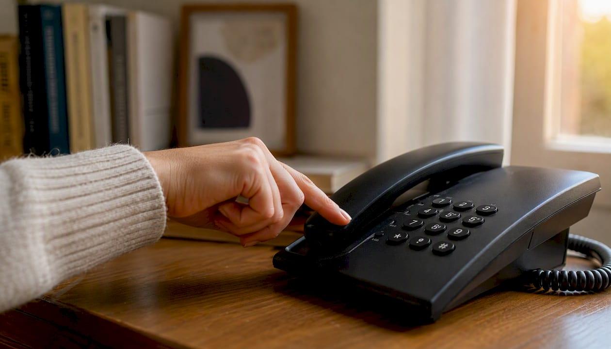 Een hand die een ouderwetse mobiele telefoon op het bureau bedient