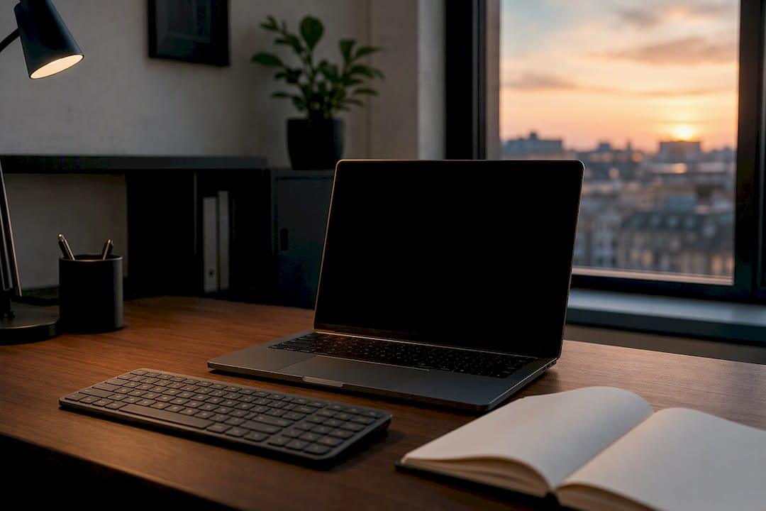 Werkplek met laptop met donker scherm en notitieboekje