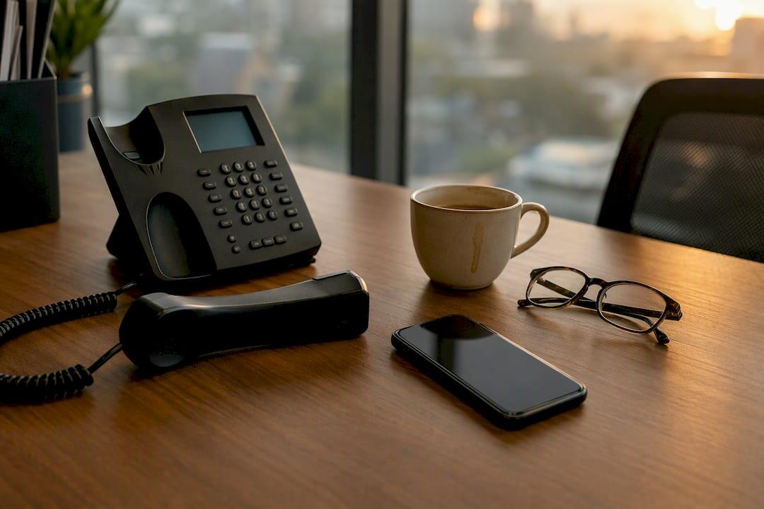 Detailopname van een bureau met een telefoon en een headset erop.