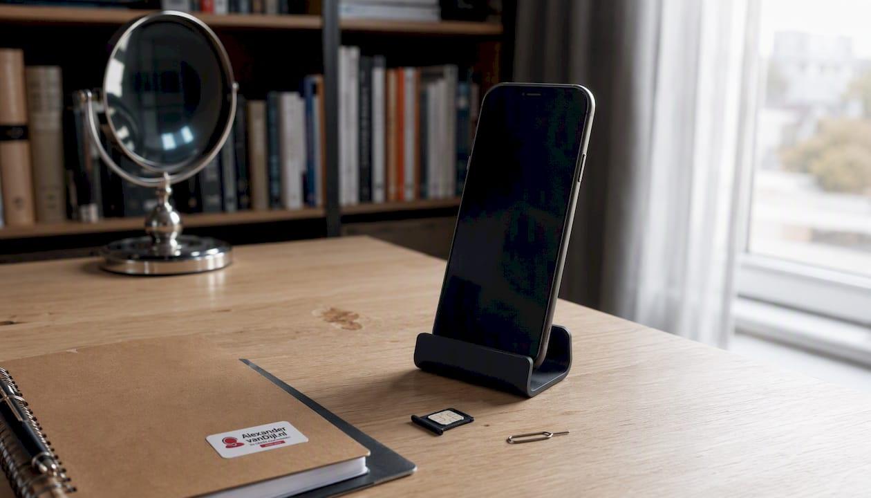 Op het bureau ligt een mobiele telefoon met daarnaast een simkaart.