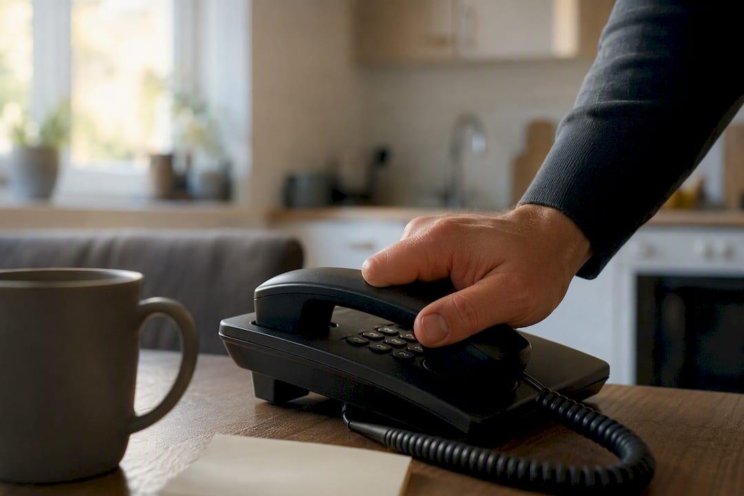 Een hand legt de hoorn terug op het telefoontoestel.