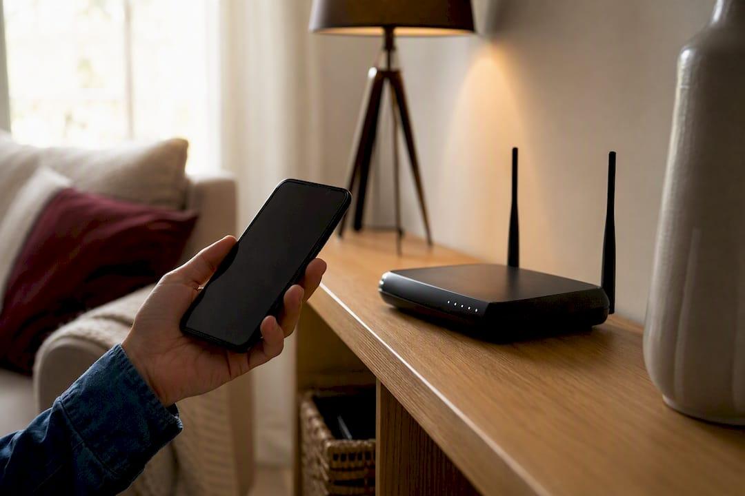 Iemand houdt zijn telefoon vlakbij de router.