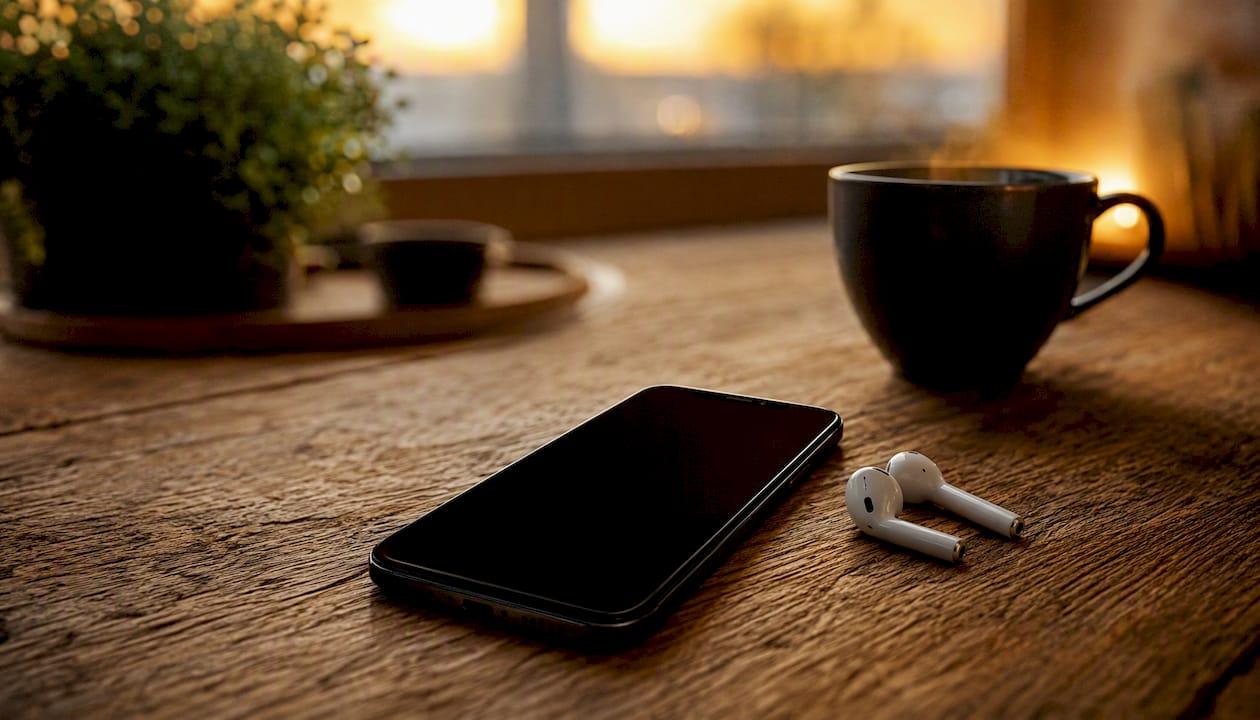Telefoon klaar voor een VoIP-gesprek, oordopjes aangesloten