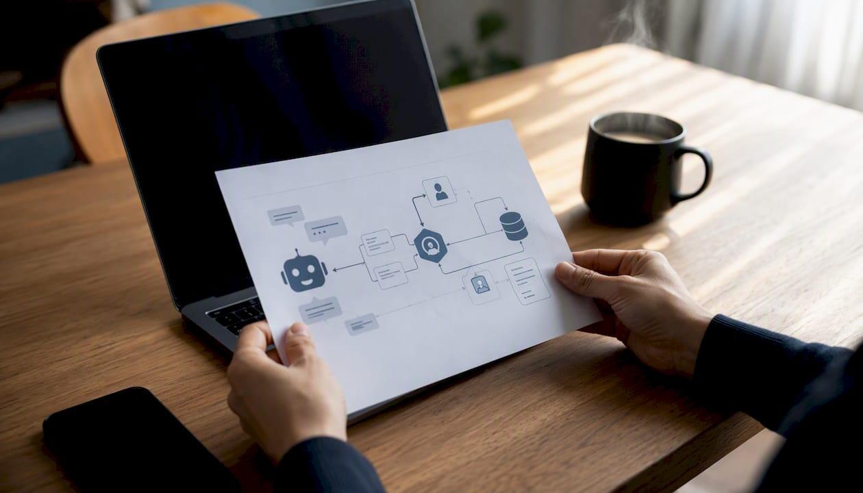 Handen die aantekeningen over chatbot-architectuur vasthouden