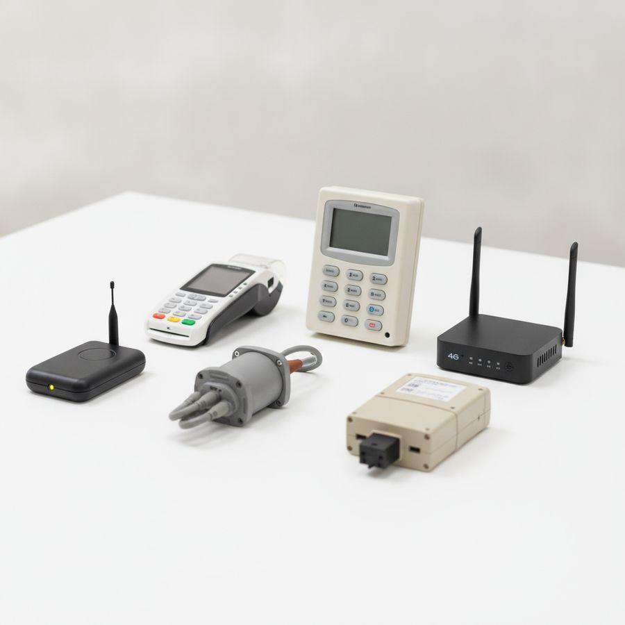 Verschillende verbonden apparaten liggen op een tafel, waaronder een tracker, router, sensor en betaalterminal.