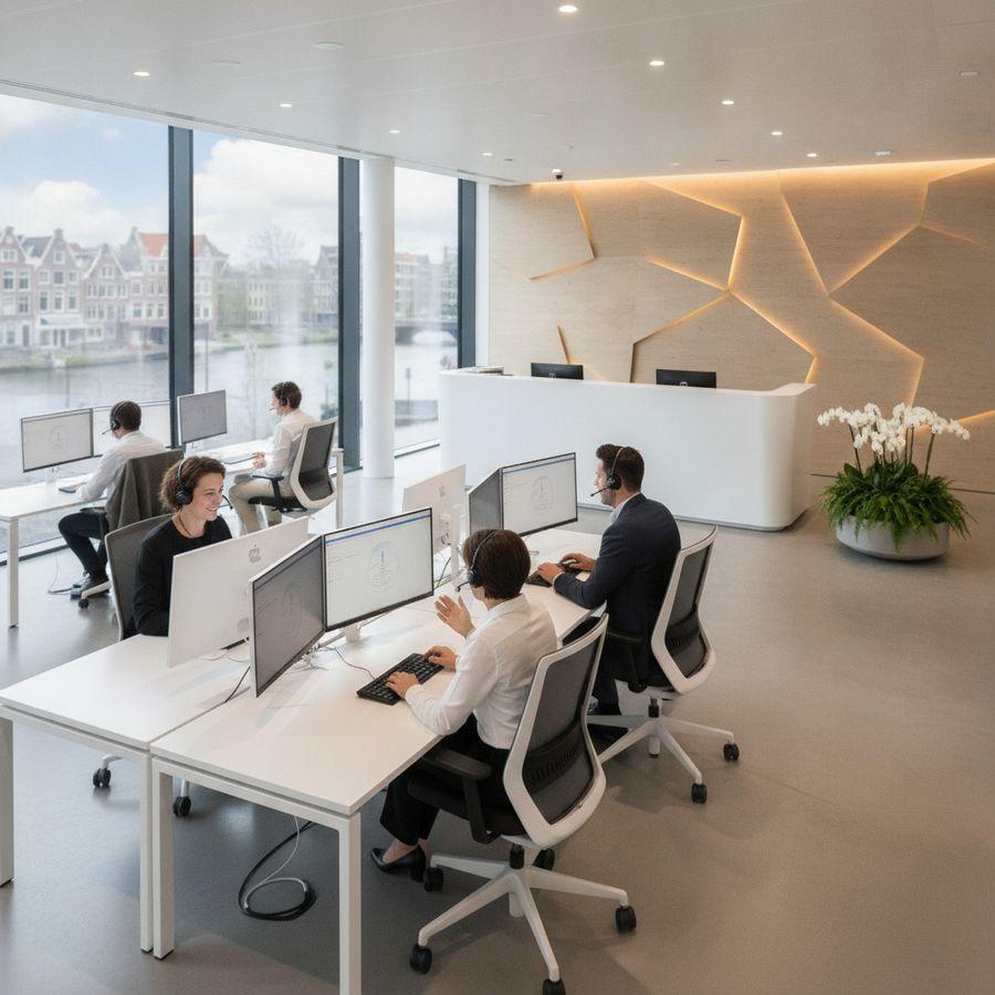 Klantenserviceteam in modern kantoor met headsets en nette werkplekken in een lichte professionele sfeer.