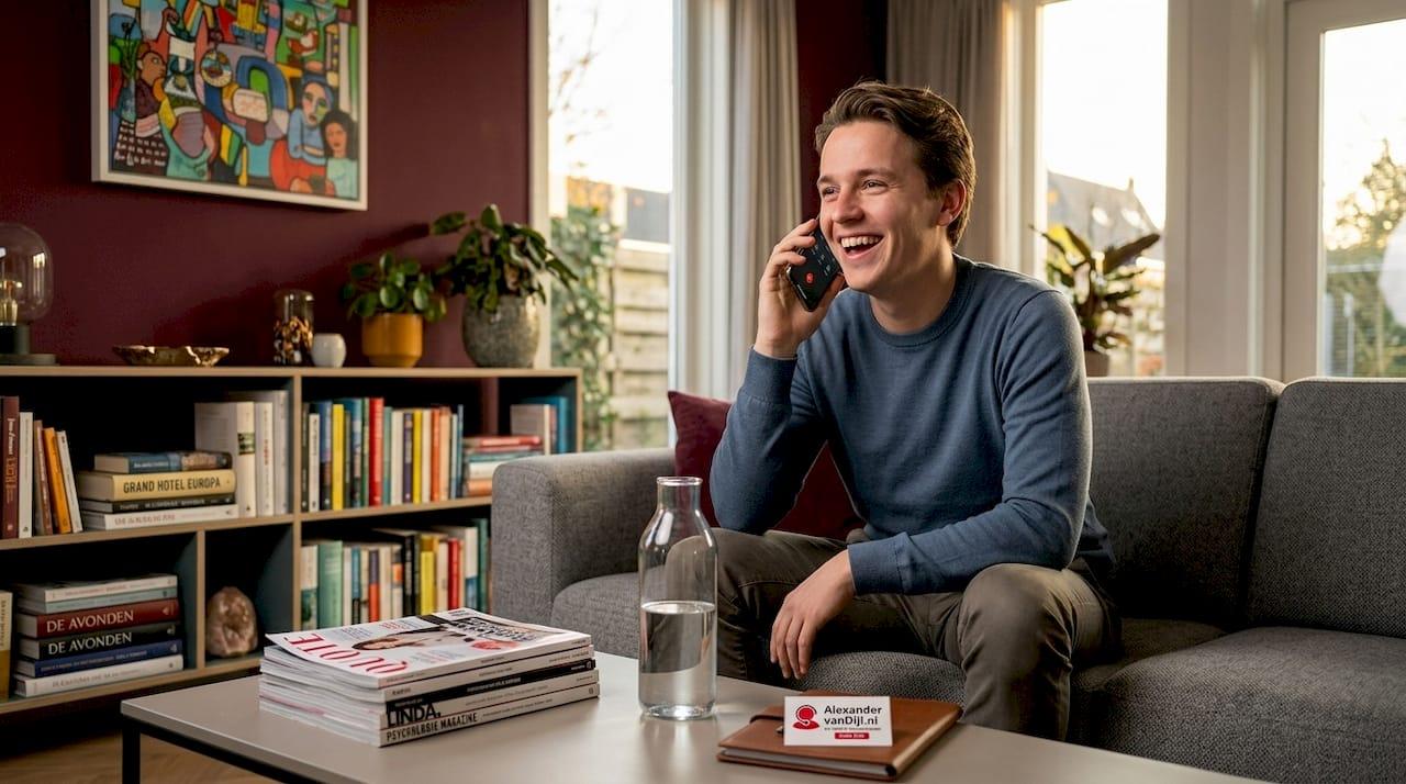 Man zit in de woonkamer te bellen en bekijkt een wereldkaart op zijn smartphone