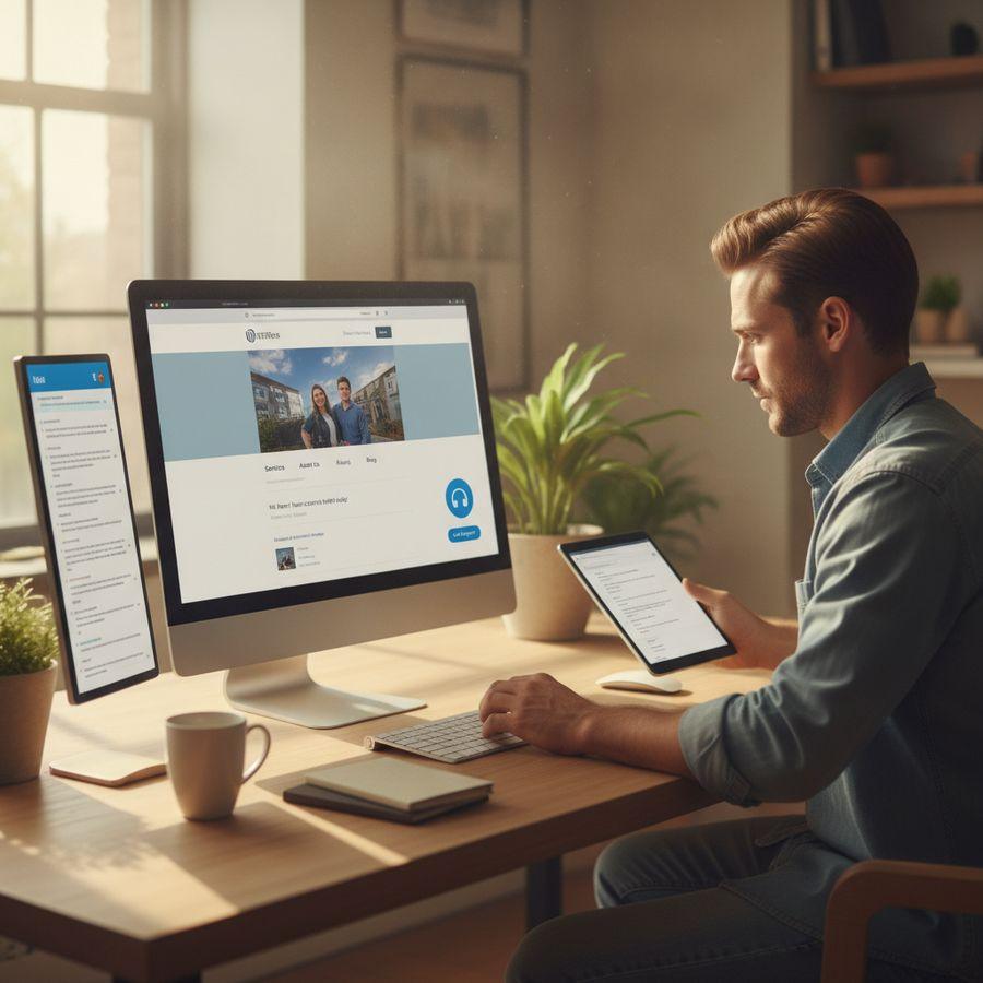 Ondernemer aan bureau met desktop, website en chatbotinterface in een lichte kantoorruimte.