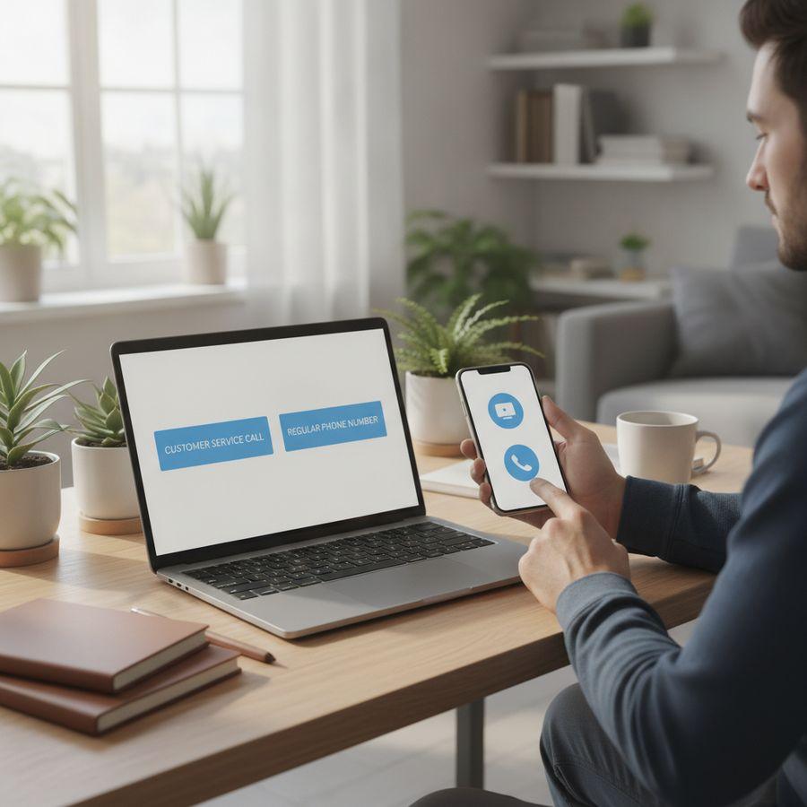 Iemand vergelijkt op laptop en smartphone verschillende contactopties in een helder thuiskantoor.