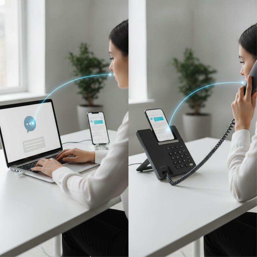 Laptop met chatvenster, bureautelefoon en medewerker in helder kantoor met rustige sfeer.