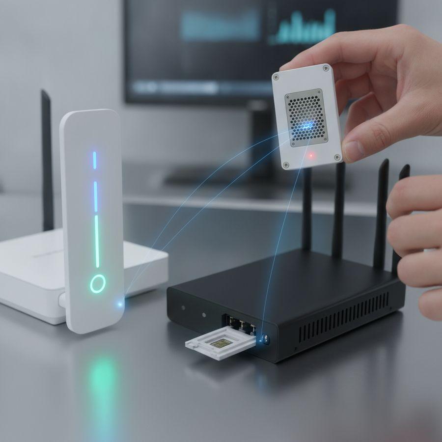 Technicus met sensorapparaat naast router en gateway in een heldere moderne ruimte.